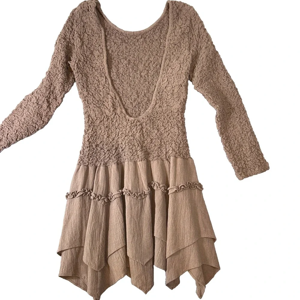 Free People Cotton Mini Dress What A Time Drop-Waist Smocked‎ Backless Brown M